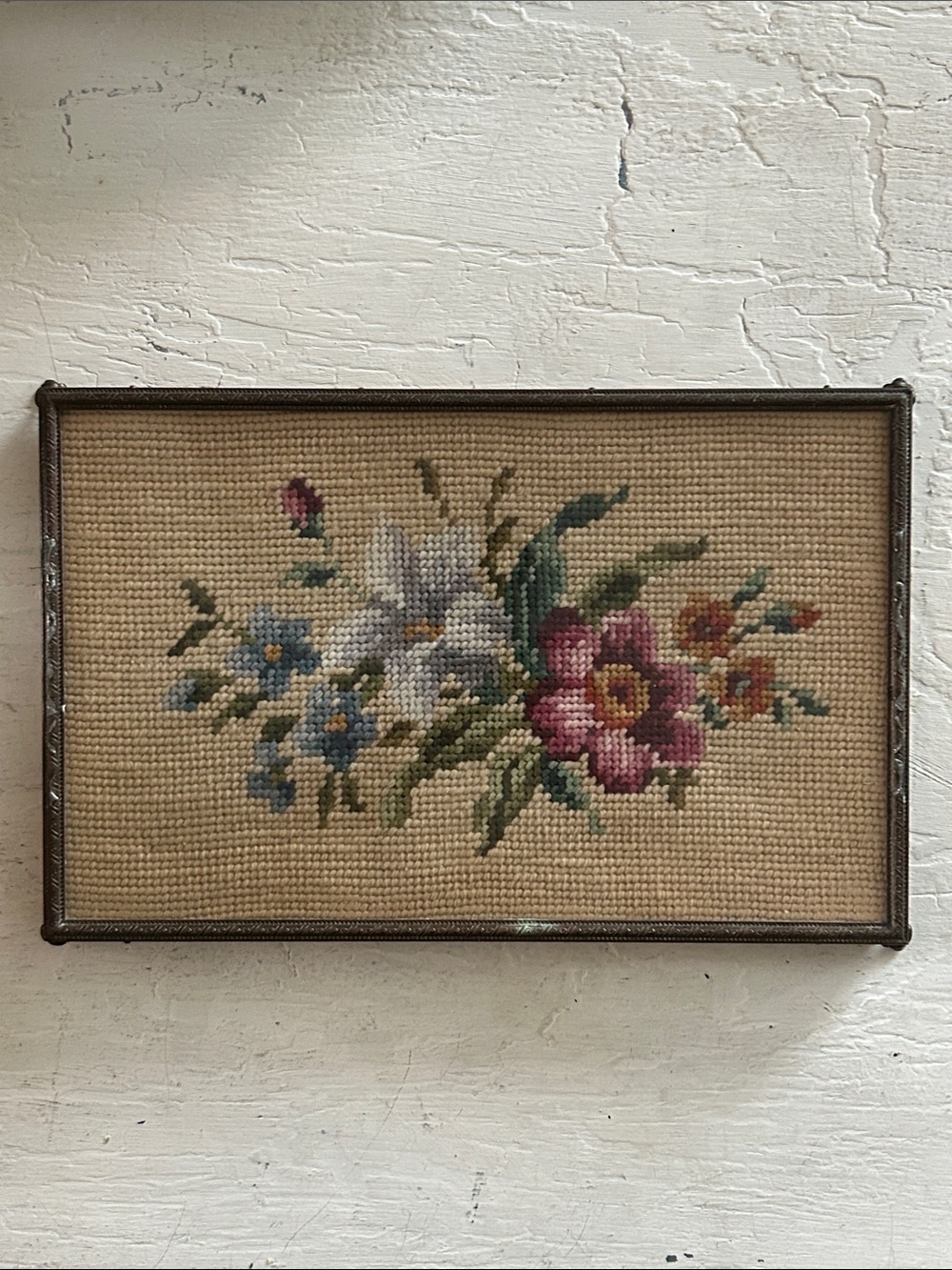 Antique French Floral Needlepoint Tray